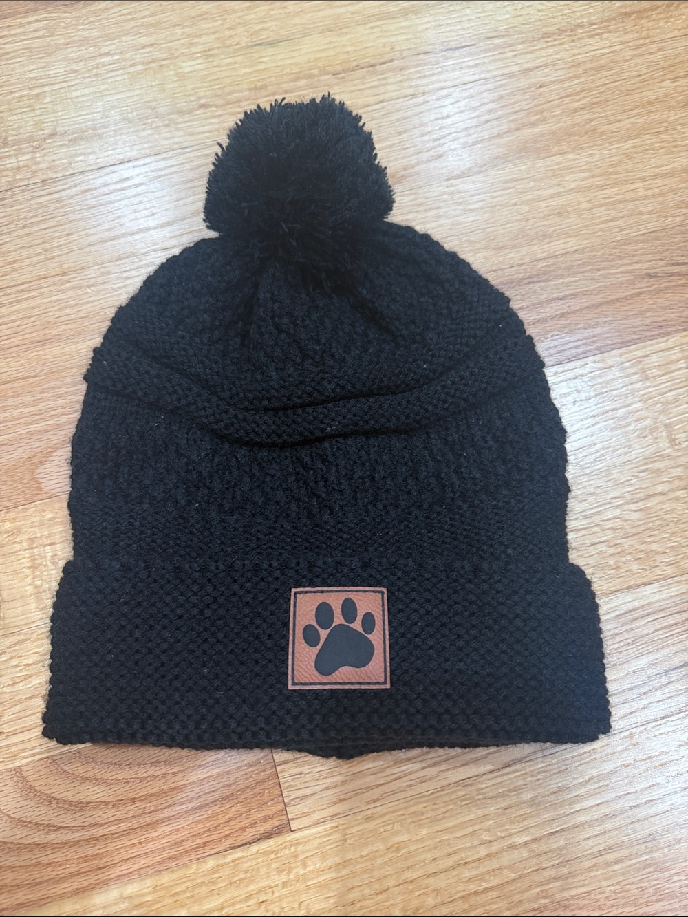 Black Pom-Pom Knit Beanie with Paw Patch - Unbranded